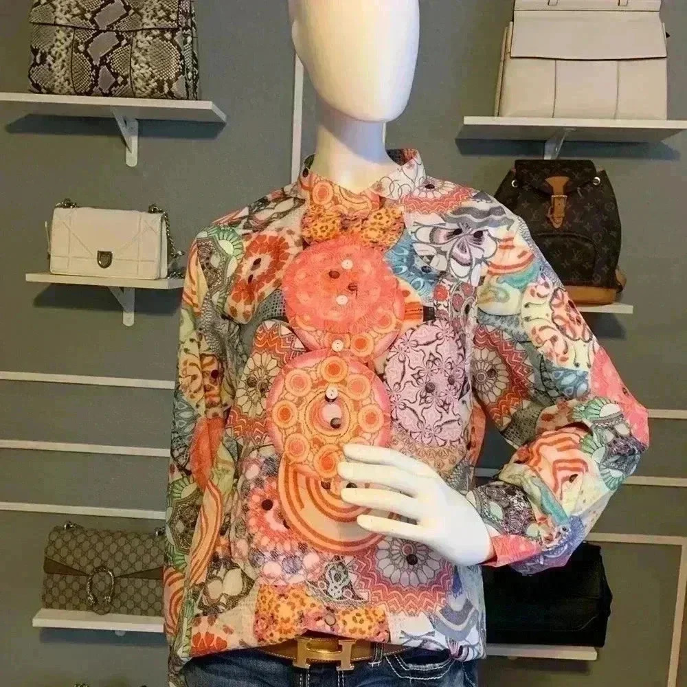 Unbranded Colorful Boho Lightweight Orange  Floral Long Sleeve Gypsy Blouse.